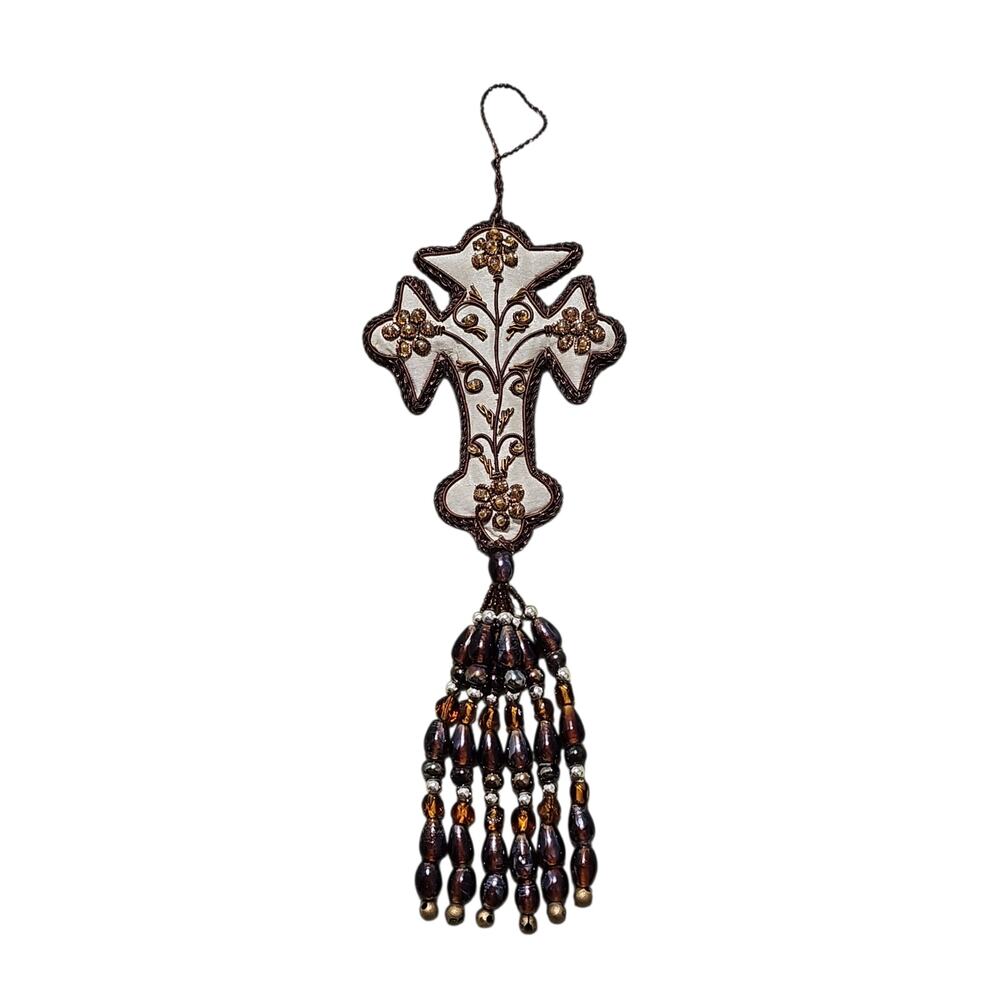 Vintage Beaded Cross Door Wall Hanging Ornament Religious Brown Glass Beads